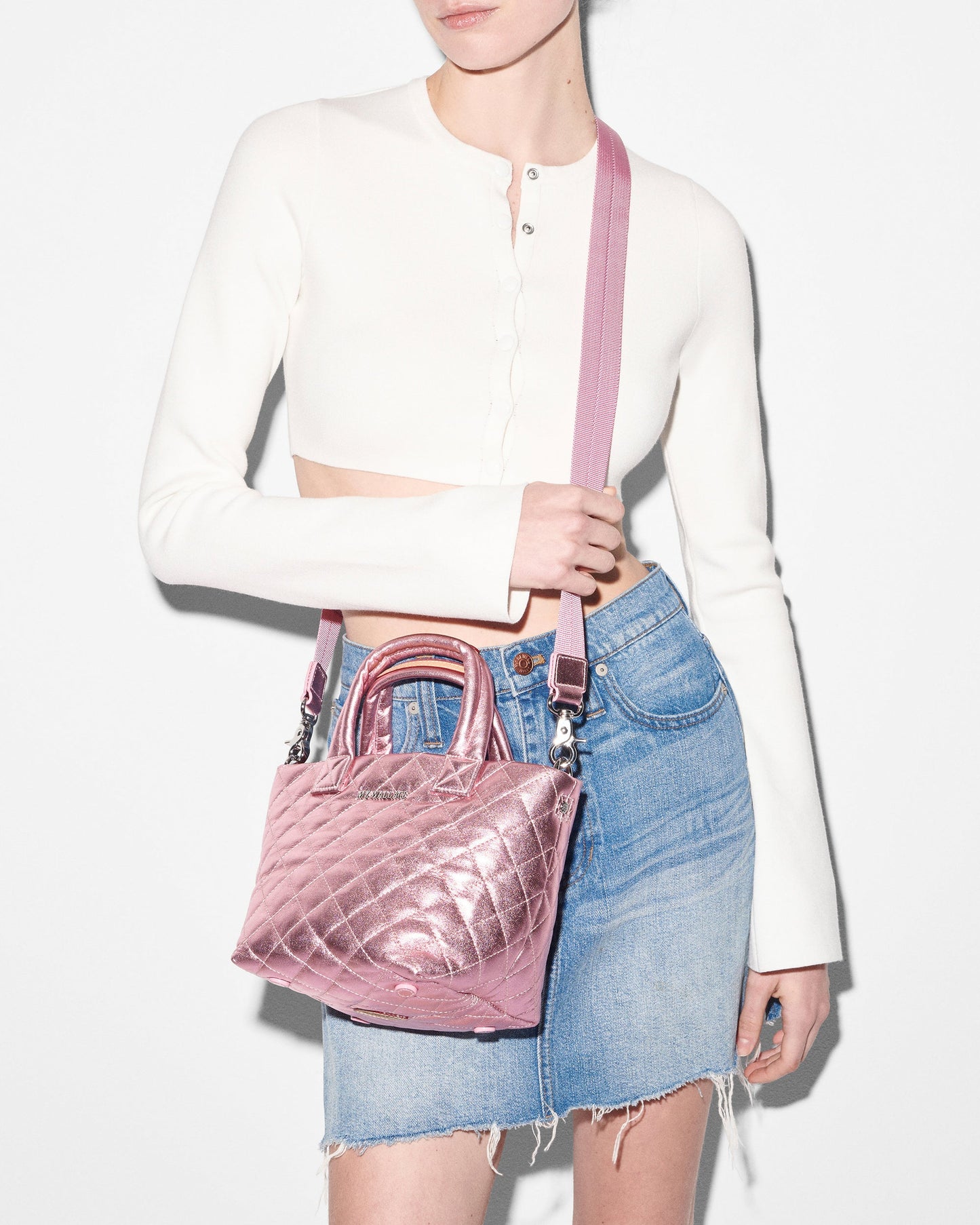 Micro Metro Tote Deluxe Rose Metallic Leather