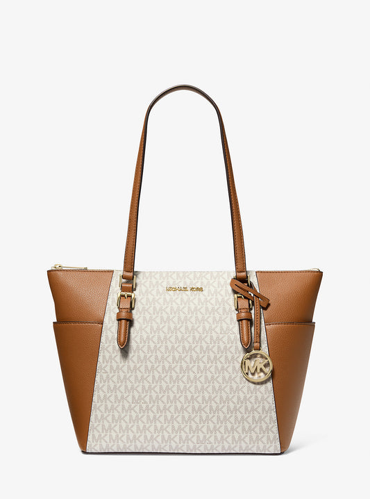 Charlotte Large Logo and Leather Top-Zip Tote Bag